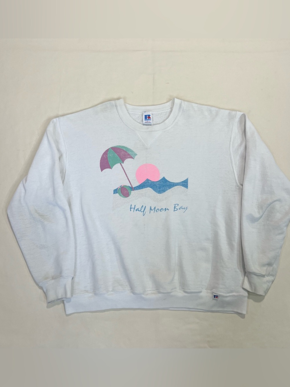 Vintage Russell Athletic White 'Half Moon Bay' Graphic Sweatshirt